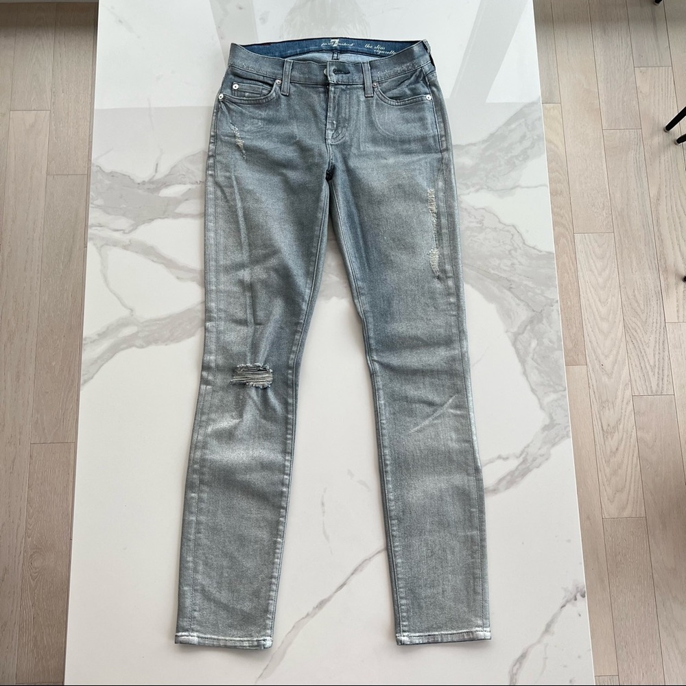 7 For All Mankind The Slim Cigarette Distressed Coated Jeans Grey Size 25